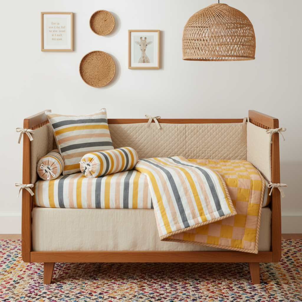 Mulmul 5-Pc Cot Bedding Set (Quilt) - Soft Rainbow