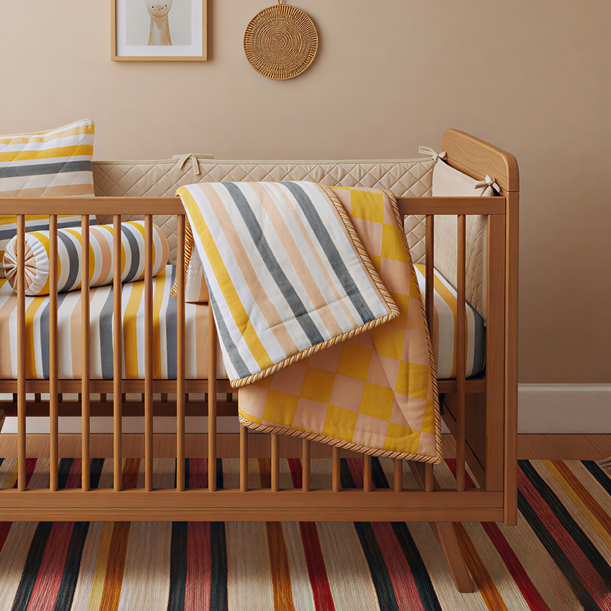 Mulmul 5-Pc Cot Bedding Set (Quilt) - Soft Rainbow