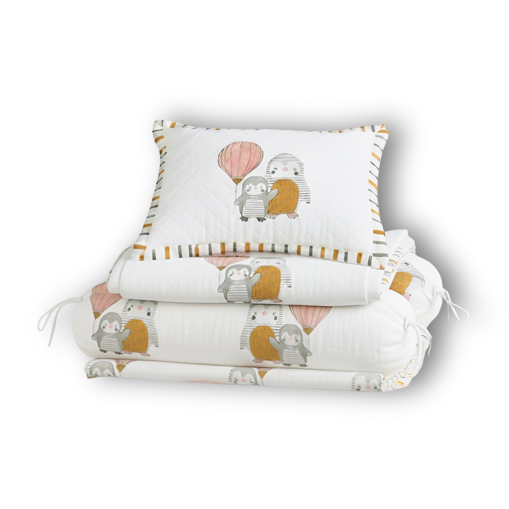 Mulmul 5-Pc Cot Bedding Set (Dohar) - Penguin Party